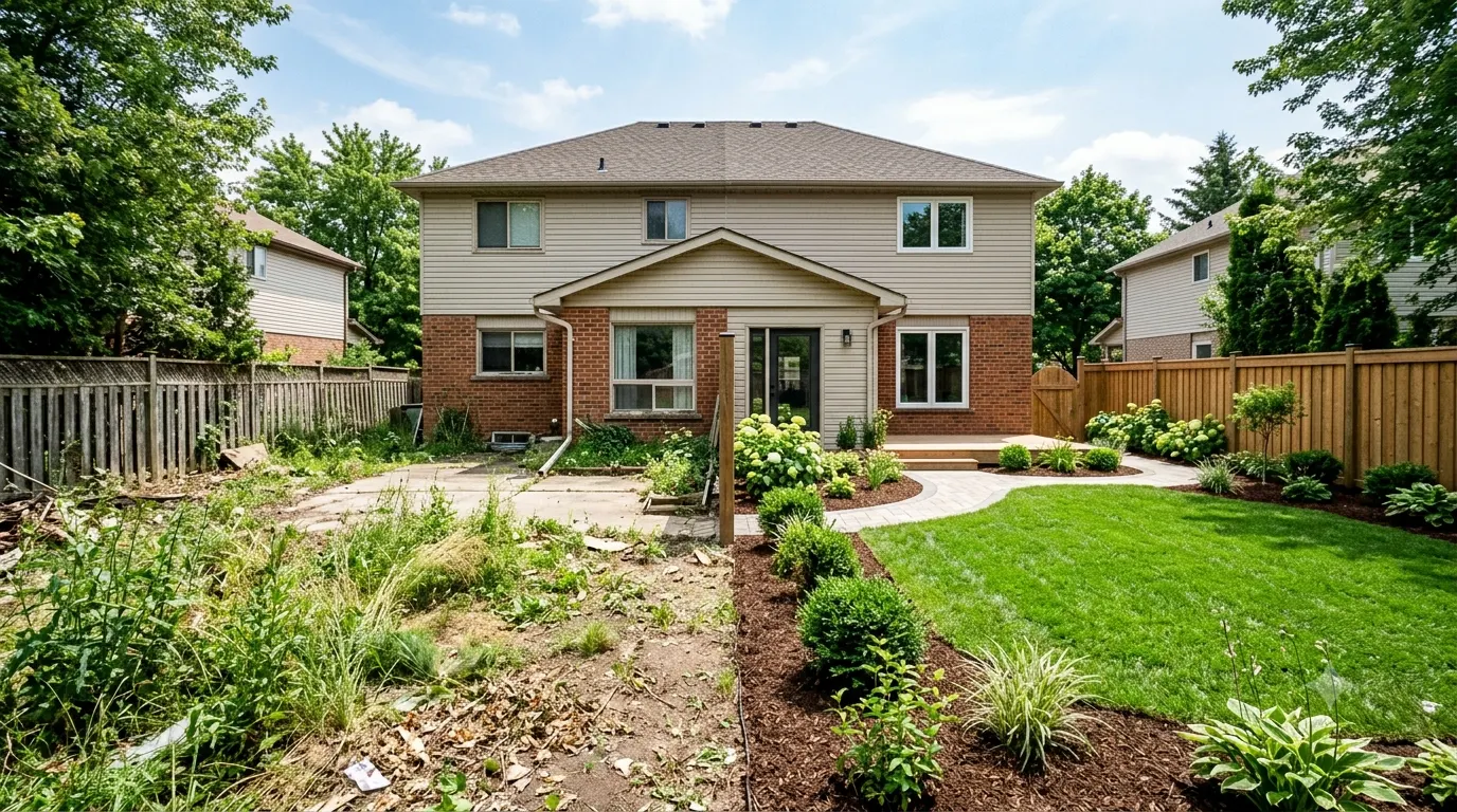 Backyard shown before and after landscaping: overgrown on the left, finished lawn and beds on the right