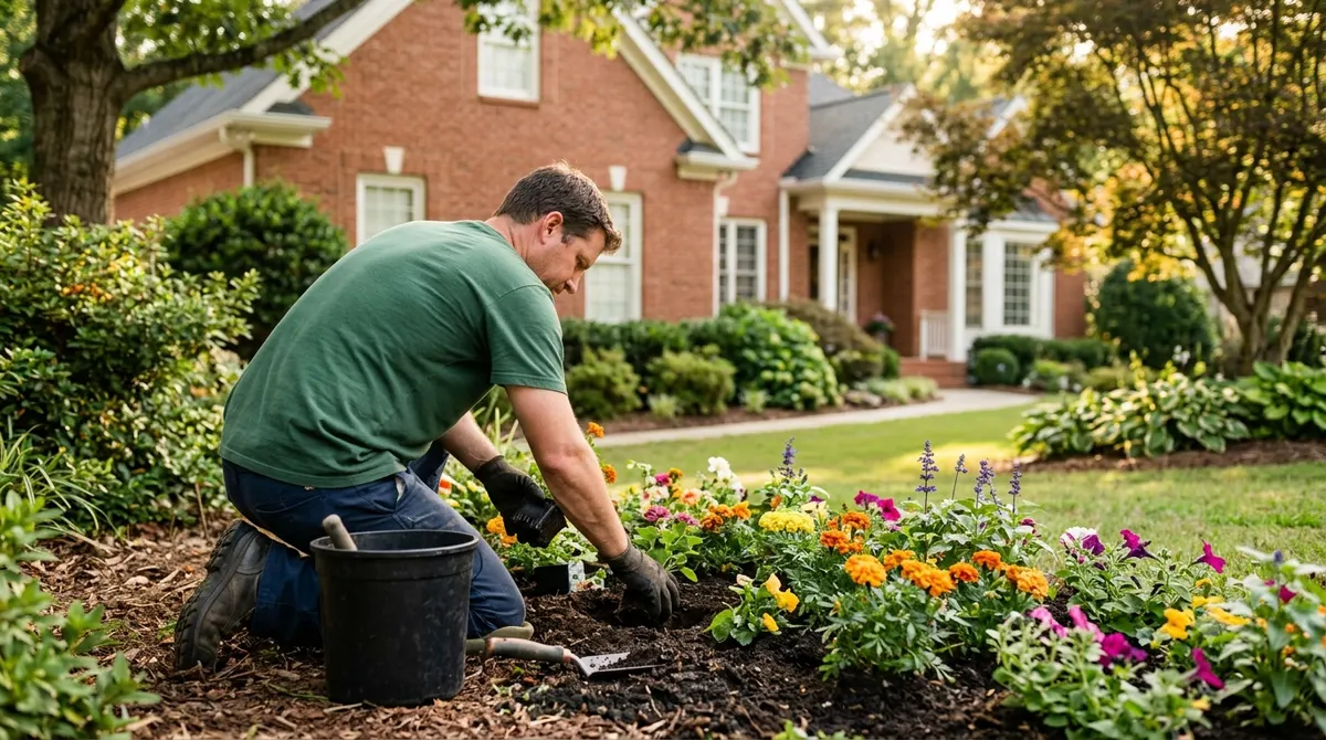 Landscaper planting flowers in a front-yard bed
