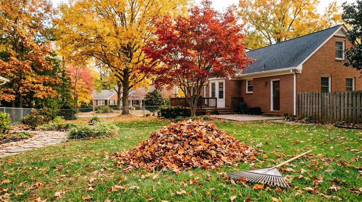 Autumn leaf cleanup on a green lawn