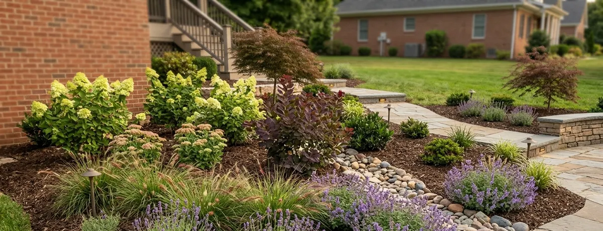 Freshly planted garden bed beside a flagstone walkway