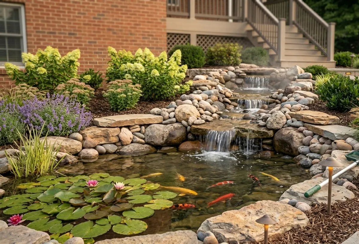 Backyard pond with a stacked-stone waterfall